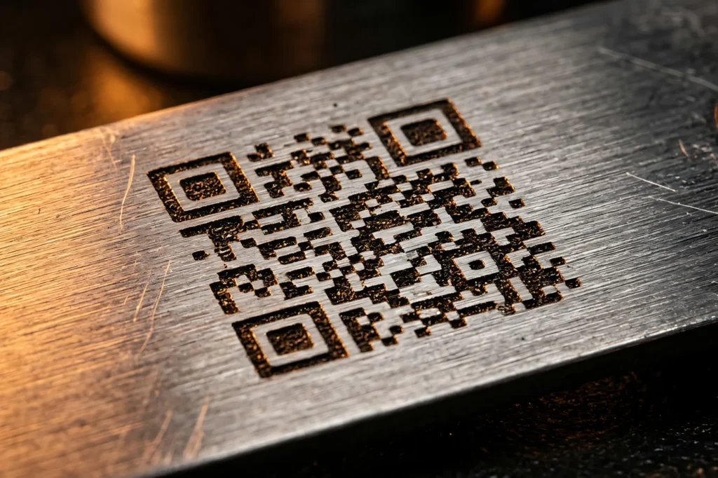 Close-up of a laser-marked QR code on a brushed steel component, used for part traceability, representing automotive applications for laser marking solutions