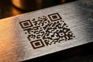 Close-up of a laser-marked QR code on a brushed steel component, used for part traceability, representing automotive applications for laser marking solutions
