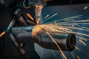 Laser cutting head cutting a steel tube held in a machine chuck, with a shower of sparks from the cut