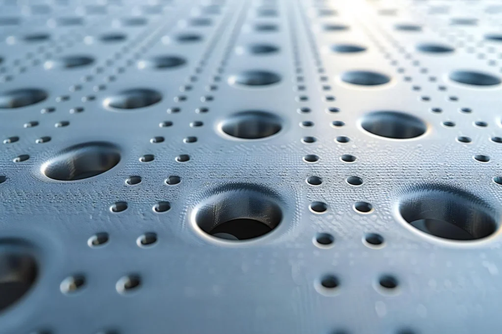 Close-up of a metal surface with neat rows of tiny holes between larger round openings, representing laser micro machining of precision automotive parts