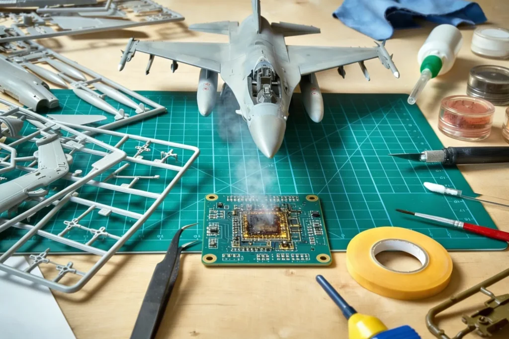 Smoke rising from a circuit board on a cutting mat beside a fighter jet scale model, tweezers and assembly tools, representing electronic fume extraction for aerospace and defence electronics