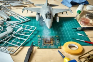Smoke rising from a circuit board on a cutting mat beside a fighter jet scale model, tweezers and assembly tools, representing electronic fume extraction for aerospace and defence electronics