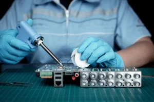 Technician in blue gloves hand-soldering a circuit board with a soldering iron and solder wire on a cutting mat, representing electronic fume extraction for electronic components manufacturing