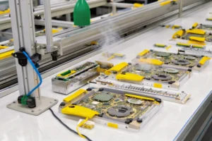 Circuit board assemblies in yellow fixtures on a white assembly line, with an aluminium-framed workstation and a wisp of fume rising from one board, representing industrial electronics applications for electronic fume extraction