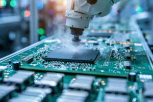 Automated machine head working on a green printed circuit board on a production line, with fumes rising from the board, representing electronic fume extraction for the PCB industry