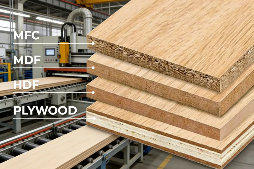 Cut edges of stacked MFC, MDF, HDF and plywood boards labelled by type, in front of a panel production line with roller conveyors and processing machinery , representing MDF board manufacturing applications for dust extraction solutions