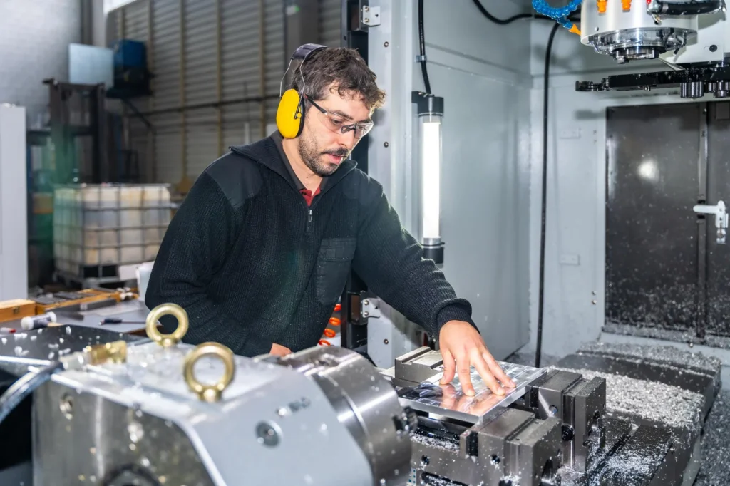 Machine operator in safety glasses and yellow ear defenders setting a metal workpiece on a CNC milling machine, with metal chips on the machine bed, representing dust fume extractor solutions for manufacturing