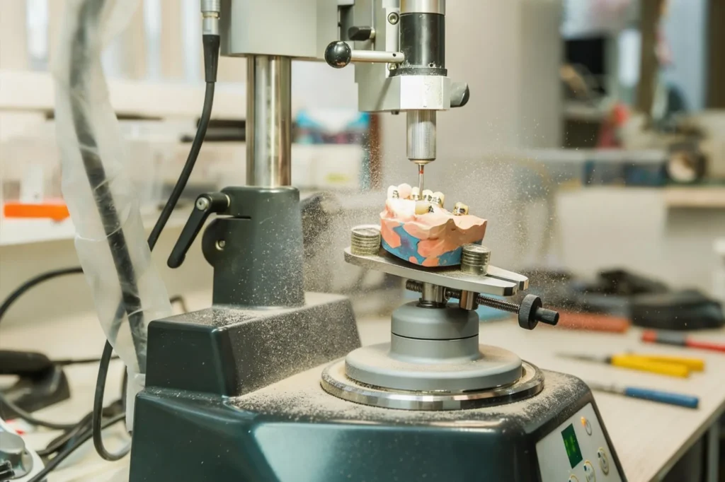A precision milling spindle machining a dental implant model clamped on a bench fixture, with fine dust spraying across the machine base