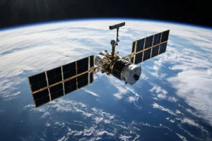 A satellite with two large solar panel wings and a cylindrical body orbiting above the cloud-covered Earth, with the curved horizon against black space, representing space communication applications for the CORX coherent optical receiver