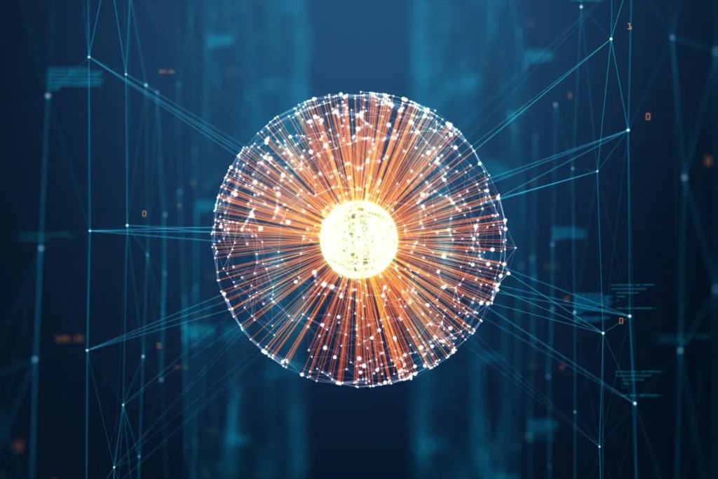 Digital illustration of a sphere of white light points with an orange glowing core, linked by thin lines to a grid of nodes on a dark blue background, representing quantum key distribution applications for the ID OSA optical spectrum analyser