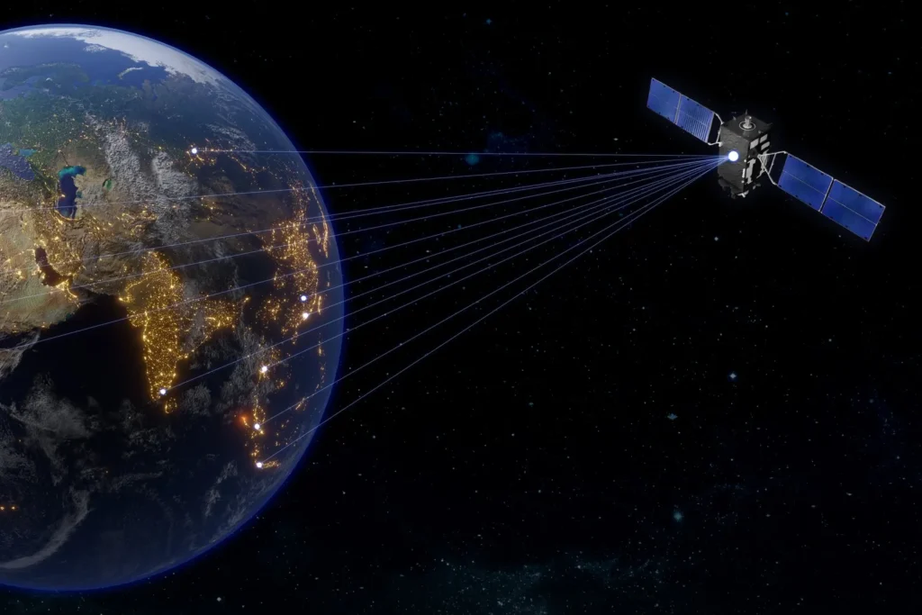 A satellite with solar panels sending fan-shaped link beams to the night side of the Earth, with city lights across India visible below,representing space communication applications for the ID OSA optical spectrum analyser