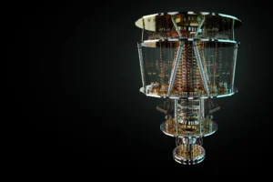 Illustration of a multi-stage cryogenic quantum computer assembly with gold-plated plates and coiled wiring, representing quantum computing applications for the narrow linewidth tunable laser