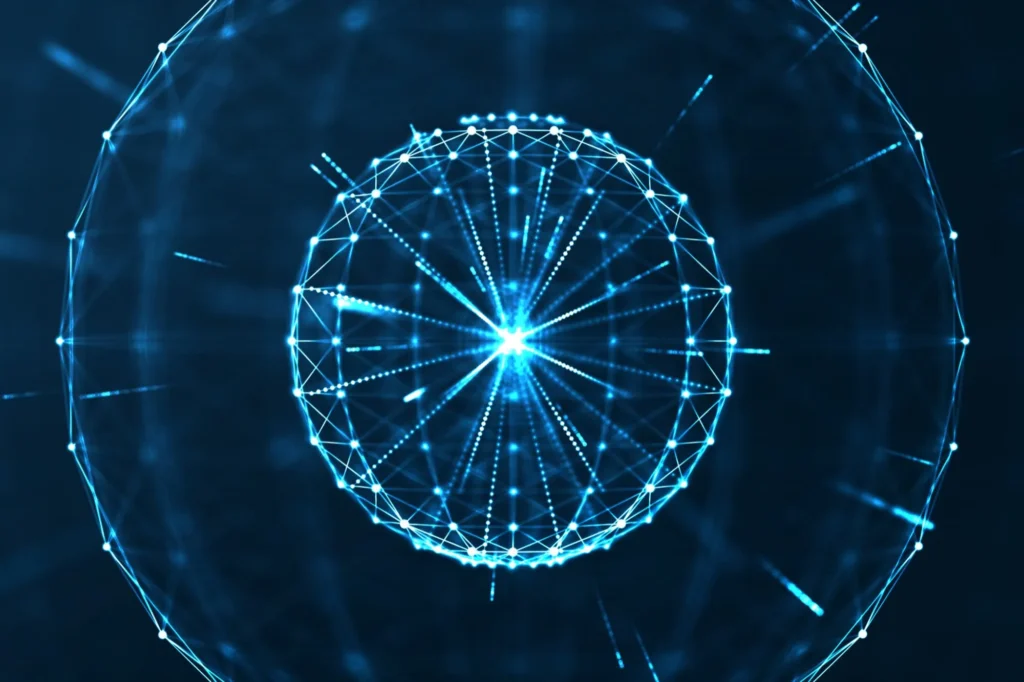 Abstract illustration of a glowing blue network sphere of connected nodes with light rays from its centre, representing quantum key distribution applications for the narrow linewidth tunable laser