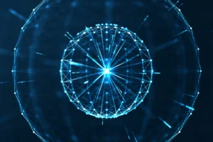 Abstract illustration of a glowing blue network sphere of connected nodes with light rays from its centre, representing quantum key distribution applications for the narrow linewidth tunable laser