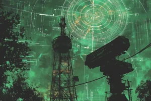 Illustration of a lattice communication tower and a radar antenna in silhouette against a green radar-scope overlay, representing defence and secure communication applications for the narrow linewidth tunable laser