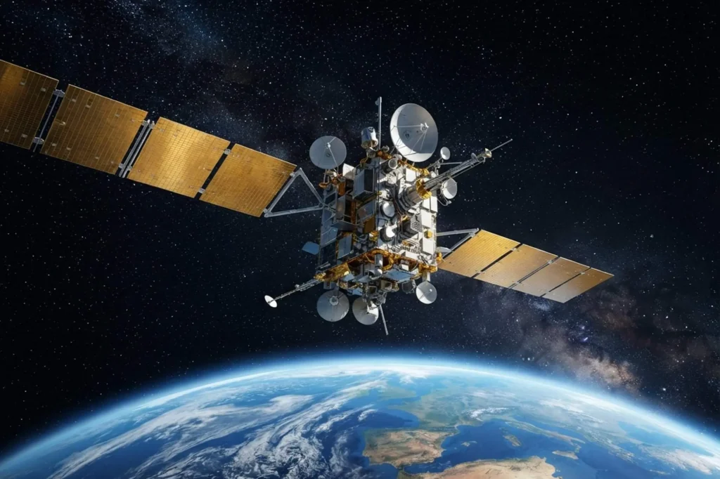 Communication satellite with gold solar panels and dish antennas orbiting above the curved horizon of the Earth, representing space communication applications for the narrow linewidth tunable laser