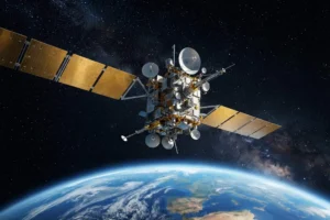 Communication satellite with gold solar panels and dish antennas orbiting above the curved horizon of the Earth, representing space communication applications for the narrow linewidth tunable laser