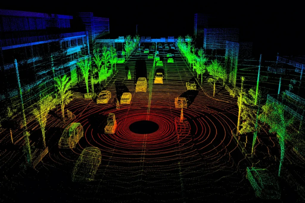 Colour-coded LiDAR point cloud of a city street with cars, trees and buildings and concentric scan rings around the sensor, representing coherent LiDAR applications for the optical multi-format transmitter