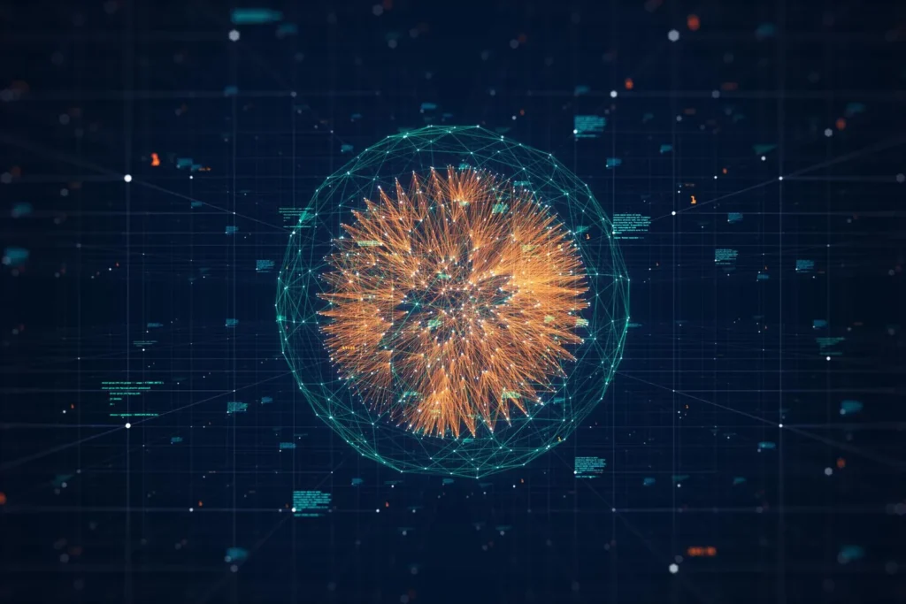 Abstract illustration of an orange burst of light paths inside a green spherical network mesh on a dark data grid, representing quantum key distribution applications for the optical multi-format transmitter