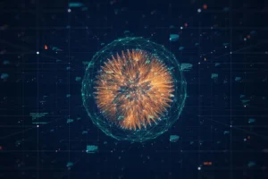 Abstract illustration of an orange burst of light paths inside a green spherical network mesh on a dark data grid, representing quantum key distribution applications for the optical multi-format transmitter