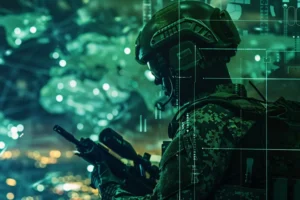 Illustration of a soldier in a combat helmet with a headset and camouflage gear against a green digital network overlay, representing defence and secure communication applications for the optical multi-format transmitter